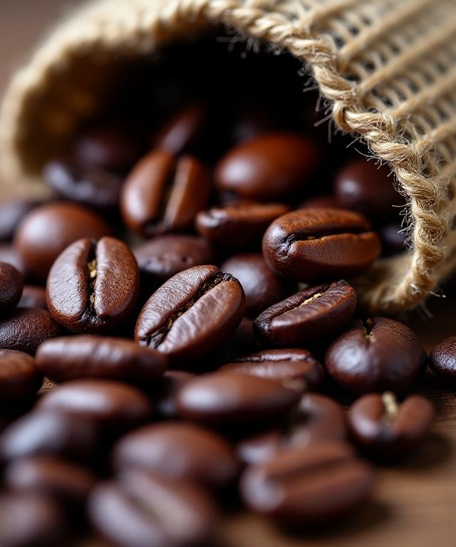 A close-up of high-quality, ethically sourced roasted coffee beans in a hessian sack.
